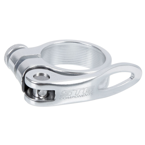 Хомут подсидельный STG 34,9мм с логотипом STG, хром