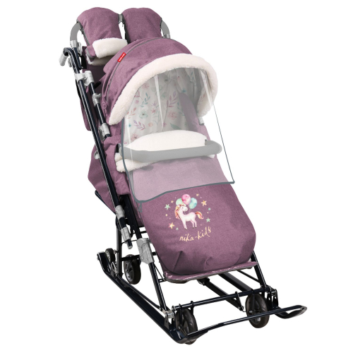 Санки-коляска комбинированная НИКА детям 7-8К, сиреневая с единорогом