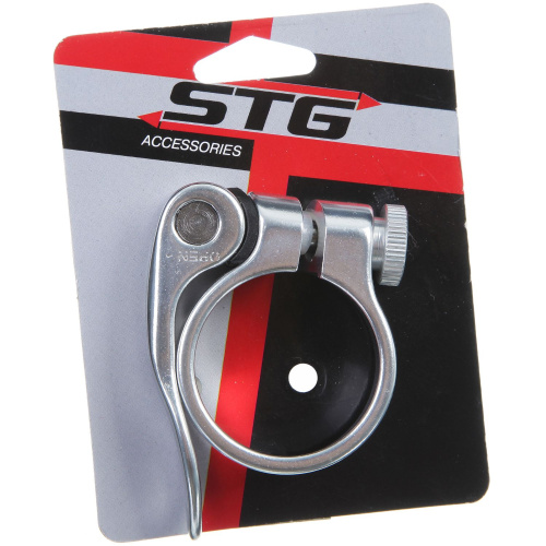 Хомут подсидельный STG 34,9мм с логотипом STG, хром